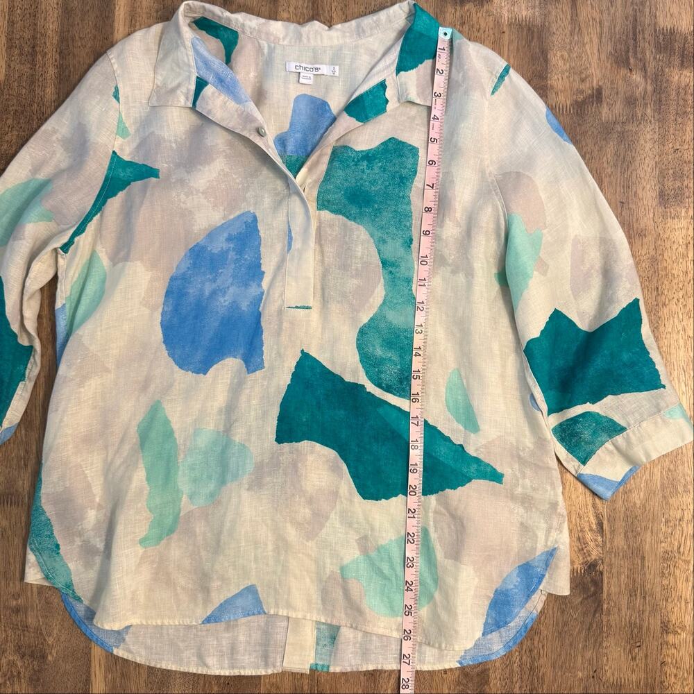 Chico's 100% Linen Blouse Watercolor 3/4 Sleeve Popover Cream Women's (2) US 12 - Picture 6 of 8